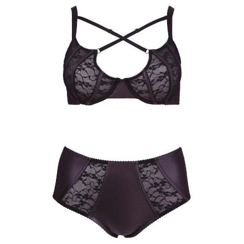 Cottelli Plus Size - keresztpántos melltartó és bugyi (fekete) 42685 termék bemutató kép