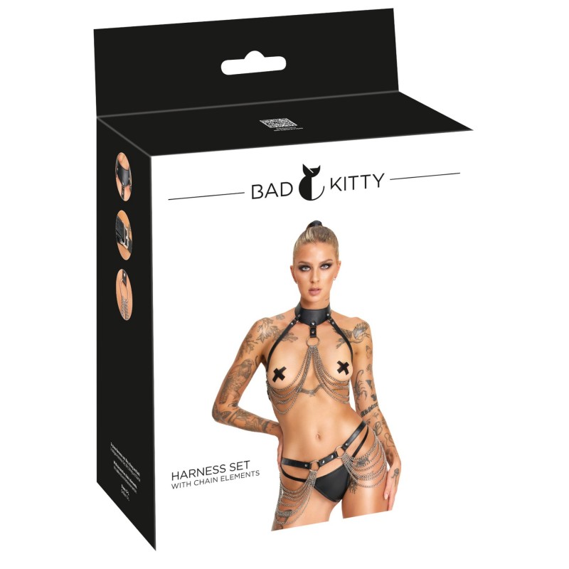 Bad Kitty - 3 részes harness szett mell- és csípőpánttal - fekete (S-L) 145014 termék bemutató kép