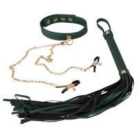 Bad Kitty - csipeszes nyakörv szett korbáccsal (zöld-arany) 38920 termék bemutató kép