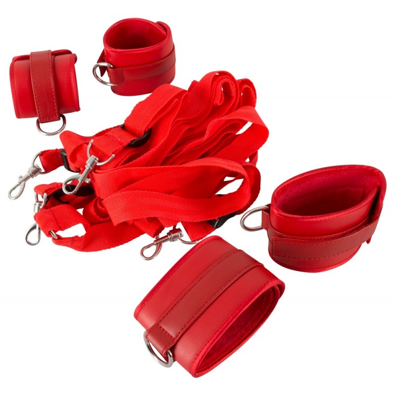 Bad Kitty - tépőzáras, műbőr ágyhoz kötöző szett (piros) 36963 termék bemutató kép