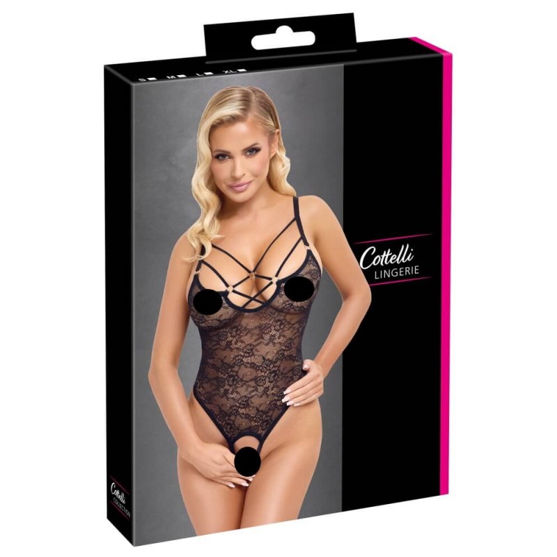 Cottelli - átlátszó, nyitott csipke body (fekete) 95073 termék bemutató kép