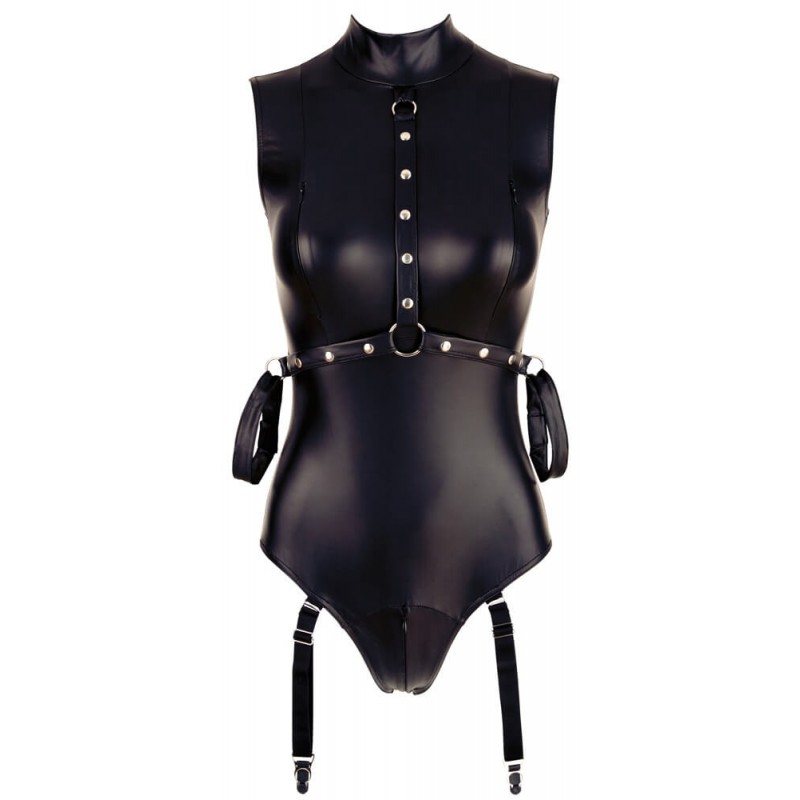 Cottelli Bondage - ujjatlan, fényes body és kar bilincs (fekete) 85104 termék bemutató kép