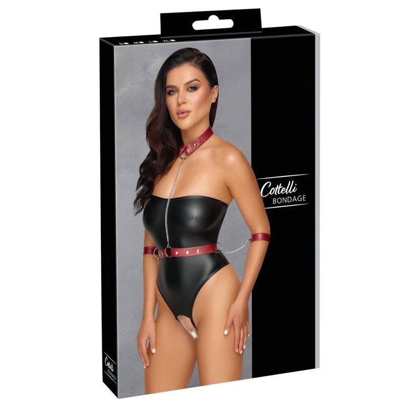 Cottelli Bondage - fényes body + kar- és nyakrögzítő (fekete) 169106 termék bemutató kép