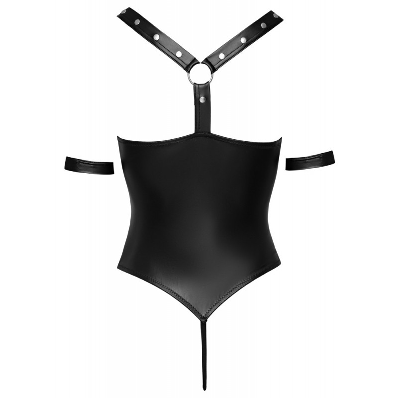 Cottelli Bondage - fényes, gyűrűs, nyitott body (fekete) 68910 termék bemutató kép