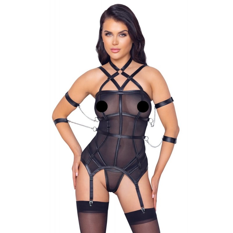 Cottelli Bondage - pántos felső, kar bilincs és tanga (fekete) 73116 termék bemutató kép