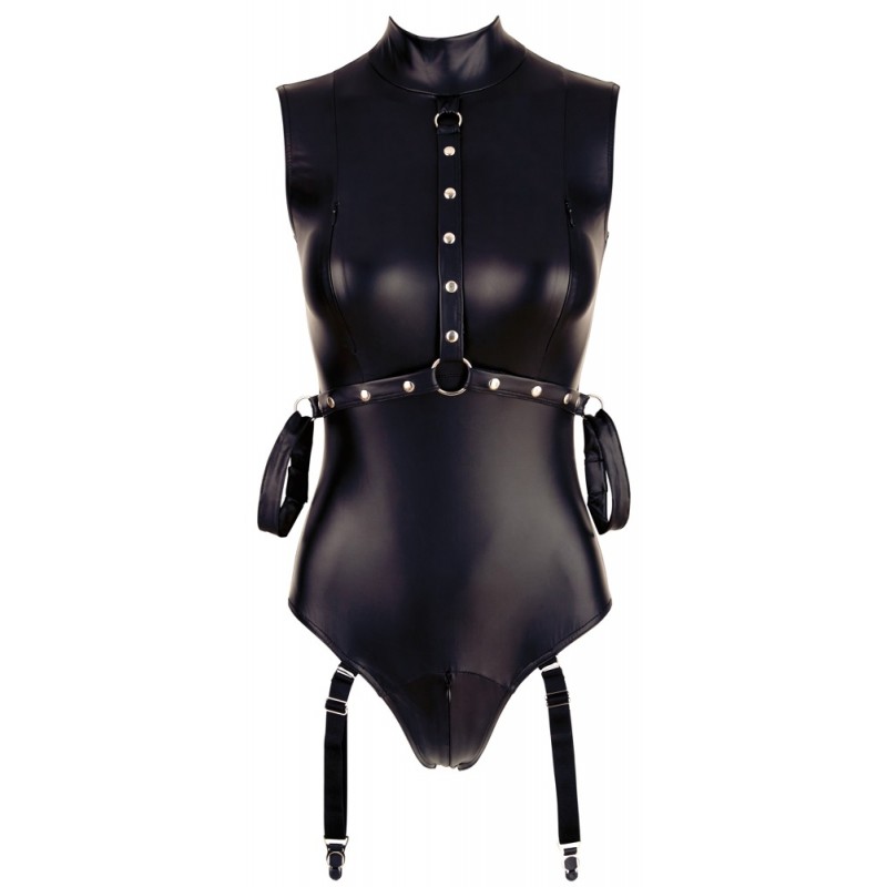 Cottelli Bondage - ujjatlan, fényes body és kar bilincs (fekete) 21887 termék bemutató kép