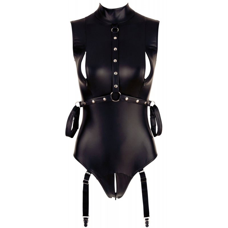 Cottelli Bondage - ujjatlan, fényes body és kar bilincs (fekete) 21888 termék bemutató kép