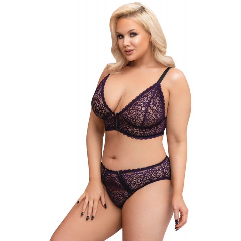 Cottelli Plus Size - áttetsző mintás melltartó szett (lila) 73556 termék bemutató kép