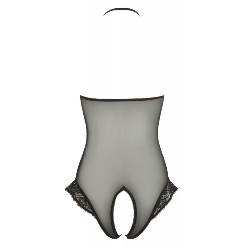 Cottelli - nyakpántos, áttetsző, nyitott szex body (fekete) 28317 termék bemutató kép