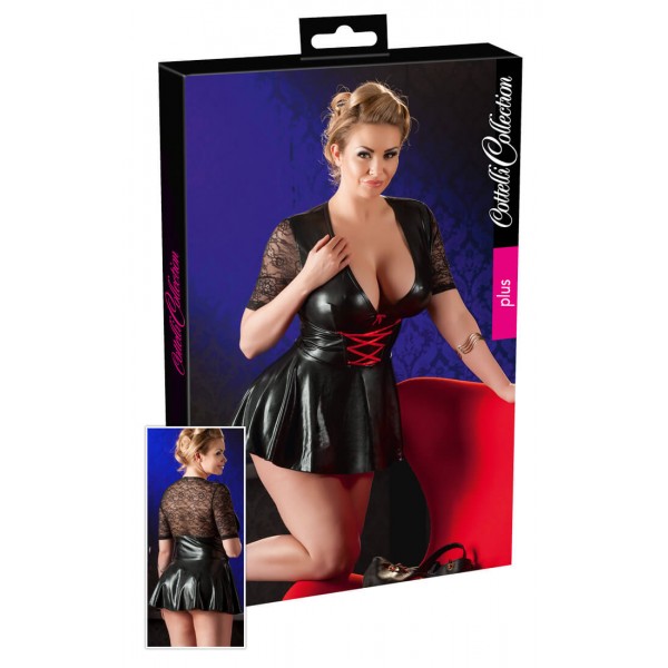 Cottelli Plus Size - fényes ruha piros fűzővel (fekete)