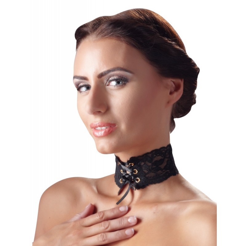 Cottelli - Széles, fűzős csipke nyakpánt (fekete) 7000 termék bemutató kép