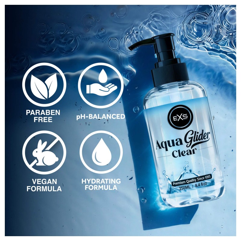 EXS AquaGlider Clear - átlátszó vízbázisú síkosító pumpás flakonban (250ml) 171185 termék bemutató kép