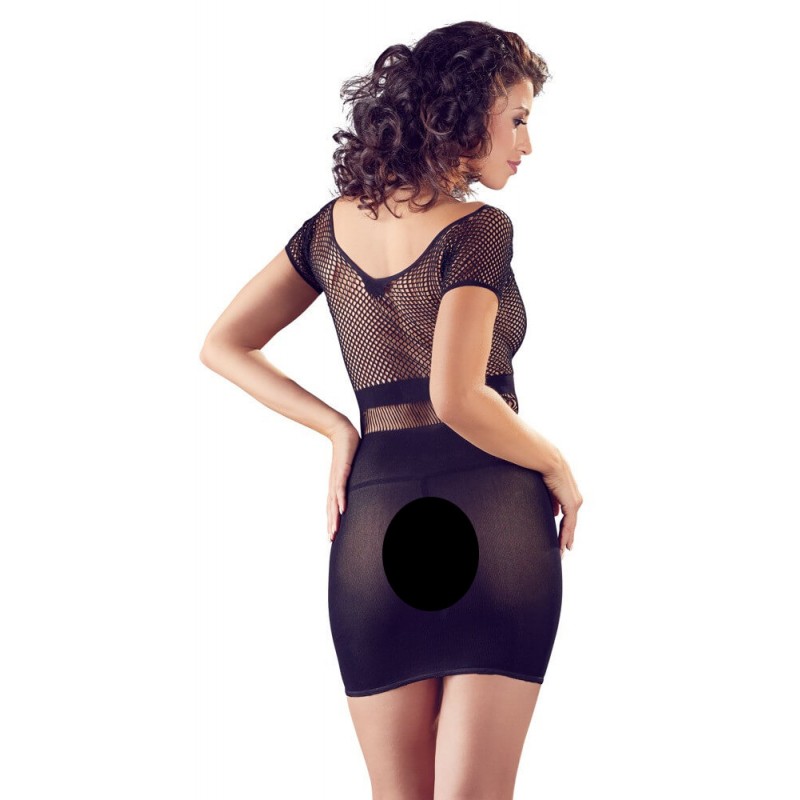 NO:XQSE - rövidujjú, necc betétes ruha tangával - fekete (S-L) 65074 termék bemutató kép