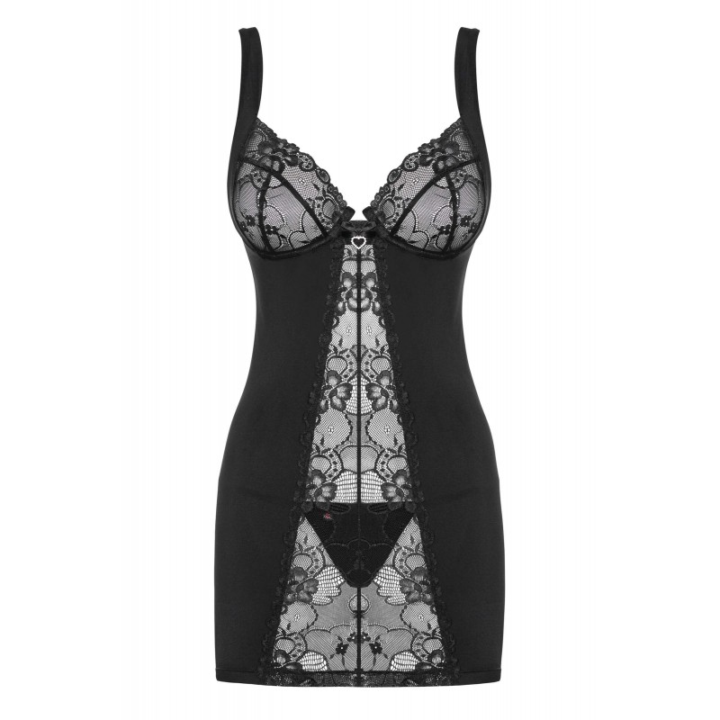 Obsessive Heartina - virágos, szíves díszes hálóruha tangával (fekete) 33107 termék bemutató kép