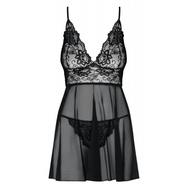 Obsessive Idillia - lenge, csipkés hálóruha tangával (fekete) 50630 termék bemutató kép