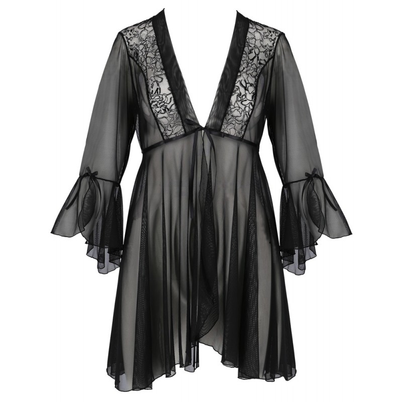 Passion Eco Primula - csipke köntös és tanga (fekete) 56614 termék bemutató kép